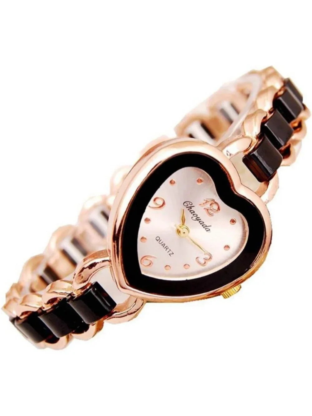 Women's Black Rose Gold  Heart Shaped Case Bracelet Casual Quartz Wrist Watch
